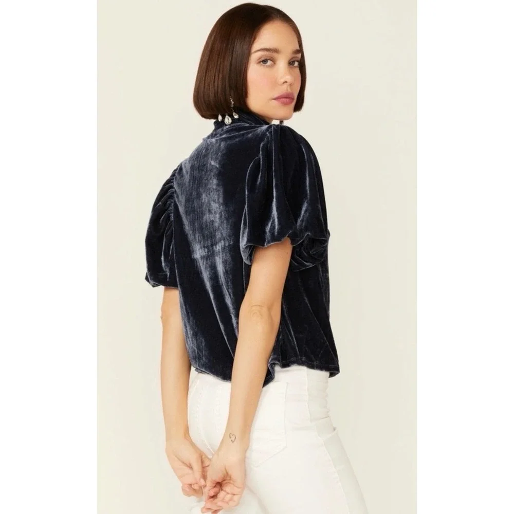 Free People Womens Velvet Mock Neck Puff Sleeve Top Navy Blue OB1224874 Large